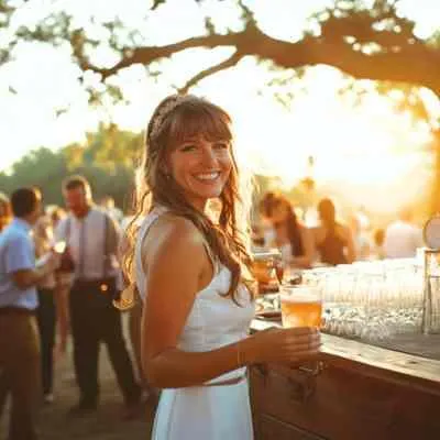 Guest smiling at an outdoor bar at sunset